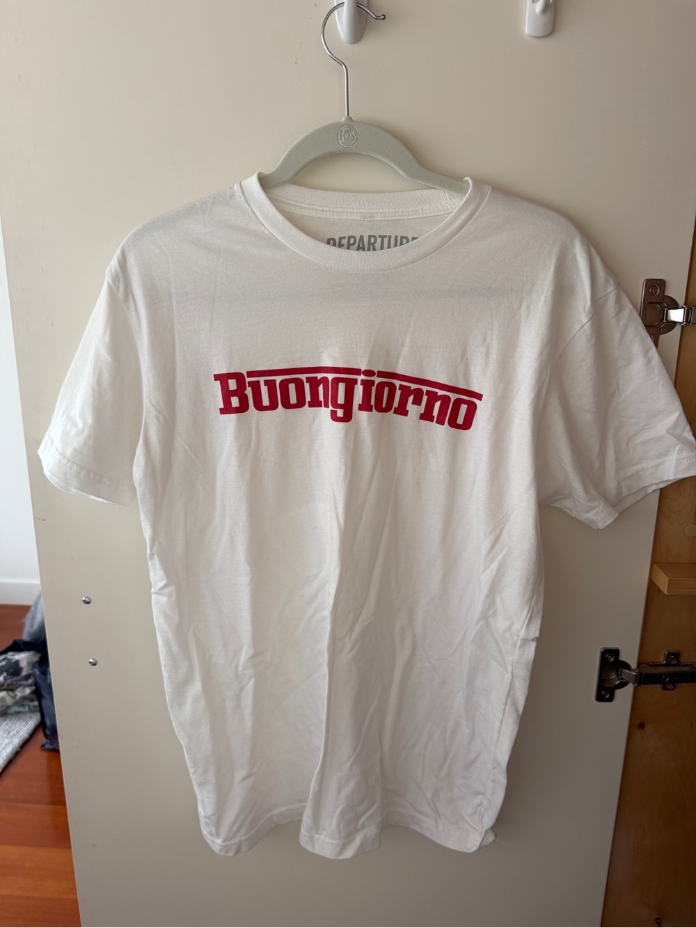Vintage White Short Sleeve Tee with Red "Buongiorno" Graphic